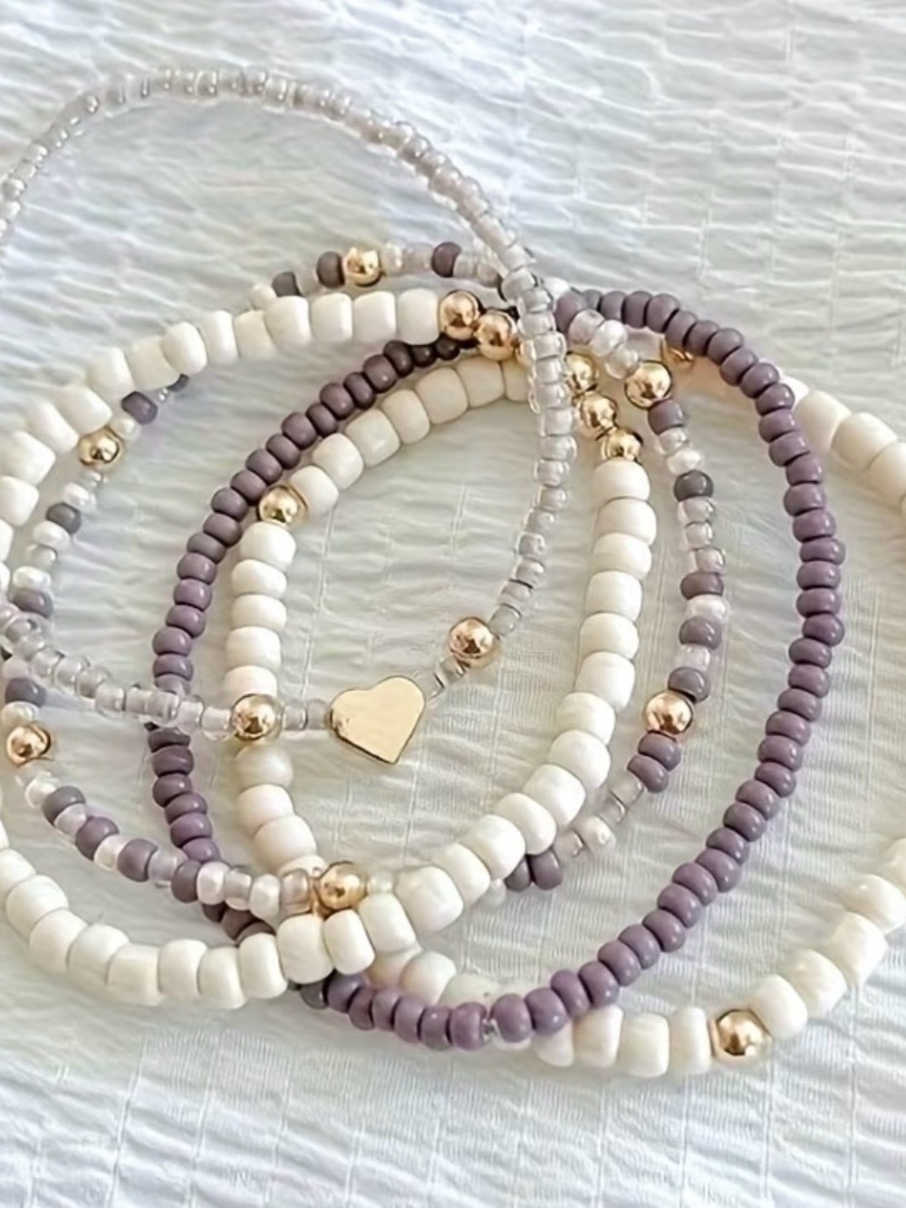 Handcrafted White & Lavender Beaded Bracelet Set with Gold Accents